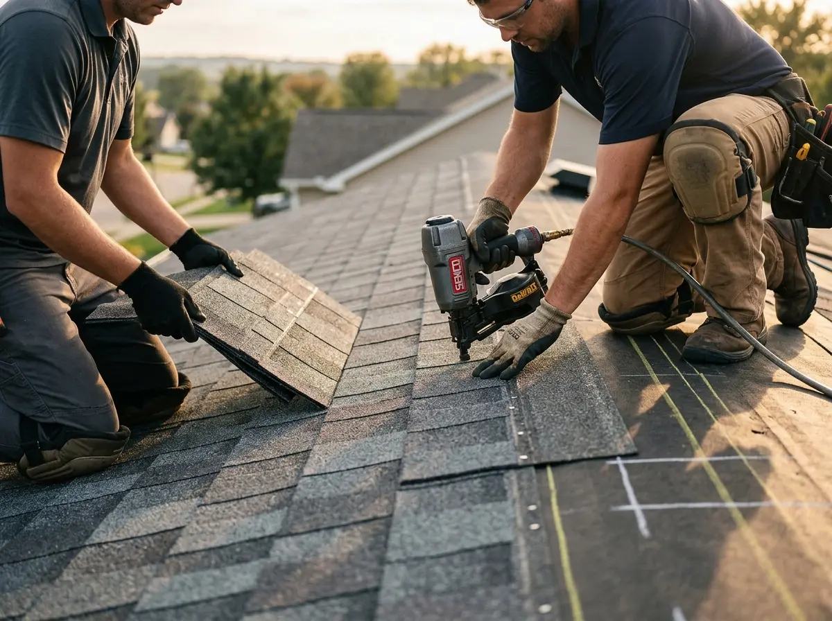 Professional roofer working on a residential roof in Sellersburg